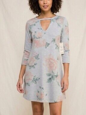 NWT Floral Keyhole Neck Gray & Pink Mini Dress